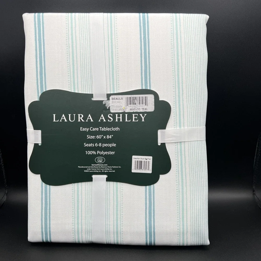 NEW Laura Ashley Easy Care Tablecloth WHITE Teal 60 X 84